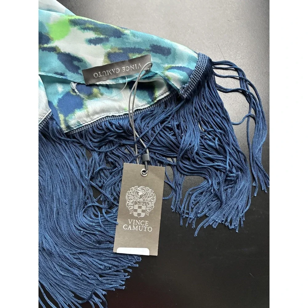 Vince Camuto Scarf Womens One Size Blue‎ Floral Chiffon Rectangle Tassel Fringe